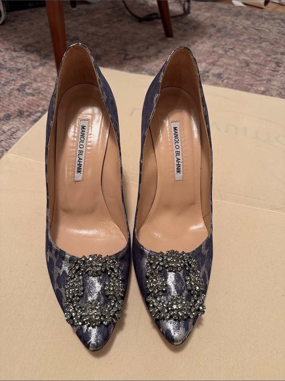 Manolo Blahnik Navy Jeweled Pointed-Toe Satin Pumps
